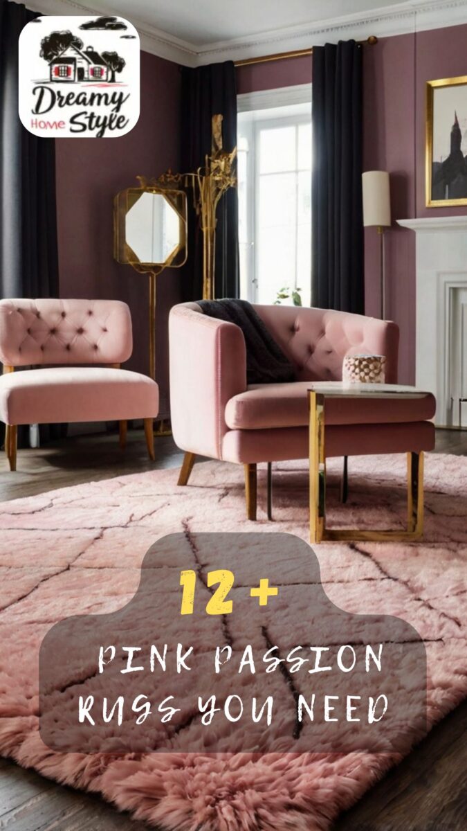 Pink velvet tufted chairs and plush pink geometric rug in a moody mauve living room with gold accents