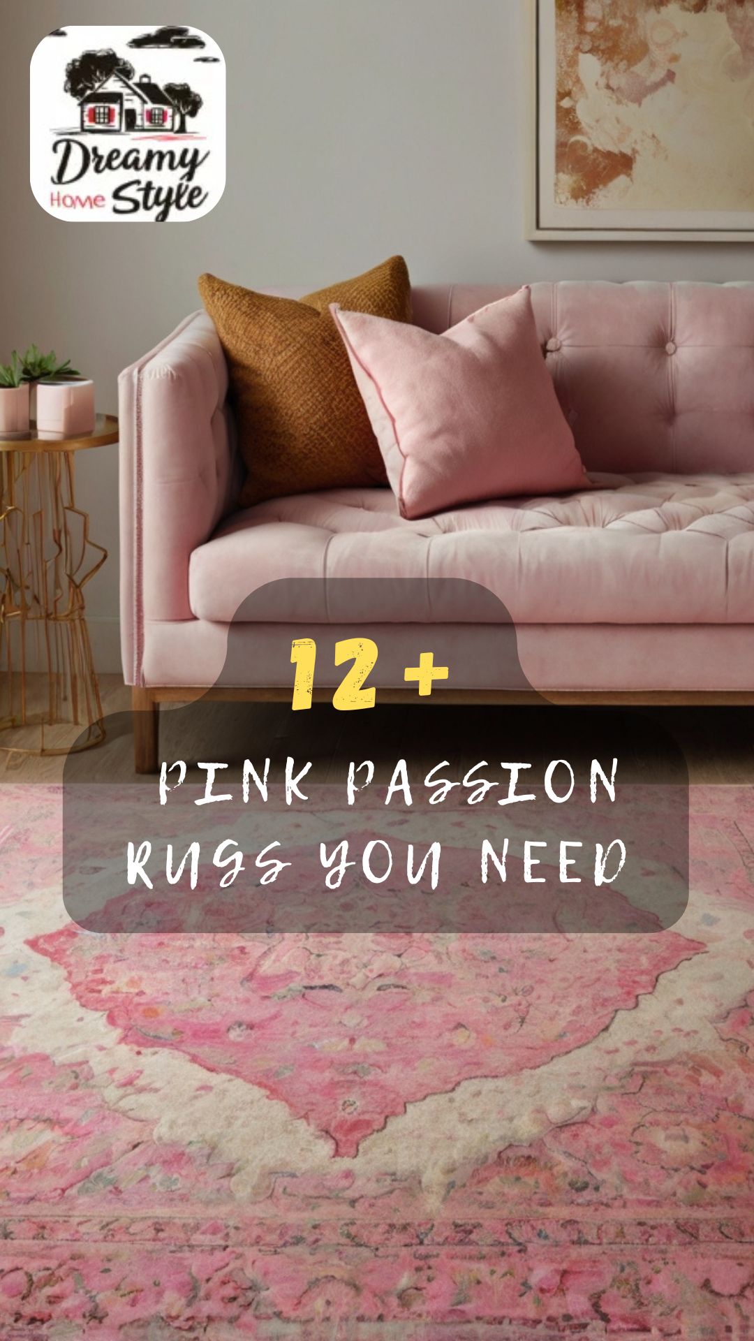 Pink velvet tufted sofa with mustard and pink pillows above a floral pink Persian-style area rug in a modern living room
