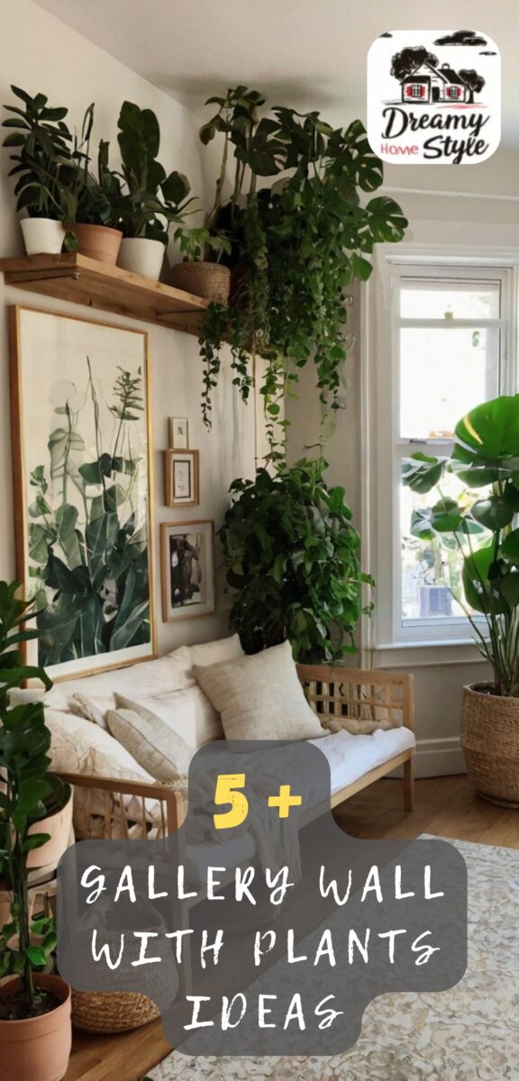 Boho living room gallery wall with monstera plants, botanical art prints, and wooden shelf with trailing vines