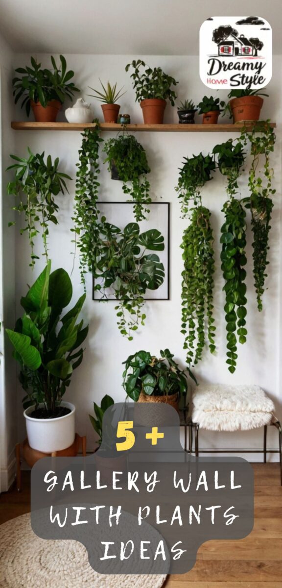 Indoor gallery wall with trailing plants, terracotta pots on wooden shelf, monstera, and large leafy plants in white room