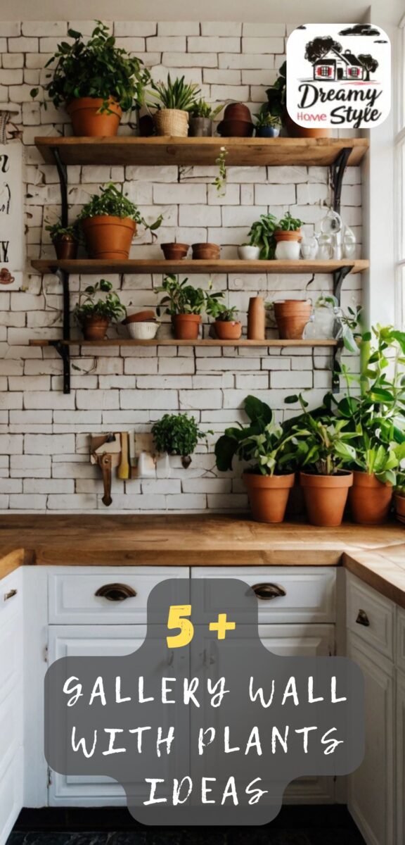 Kitchen gallery wall with wooden shelves holding terracotta pots and green plants against white painted brick
