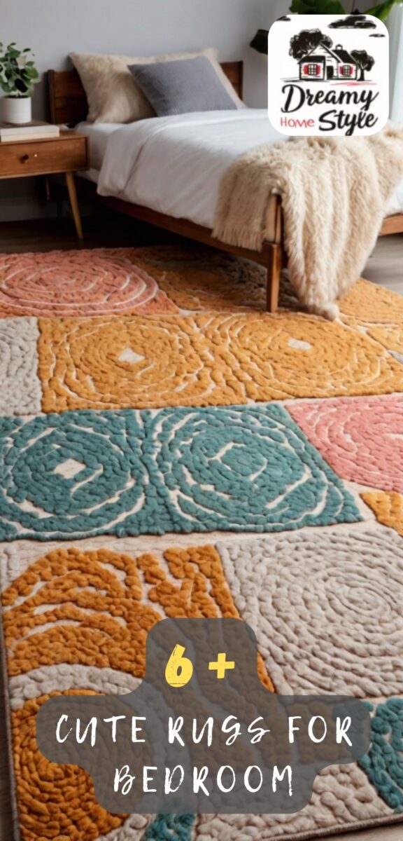 Colorful tufted bedroom rug with spiral patterns in teal, mustard yellow, and pink beside a wooden bed