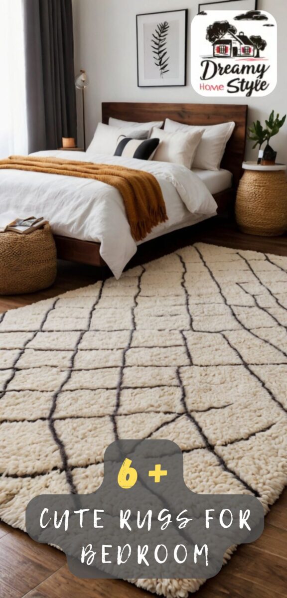 Cream Moroccan shaggy rug with dark geometric diamond pattern in a cozy bedroom with dark wood bed frame