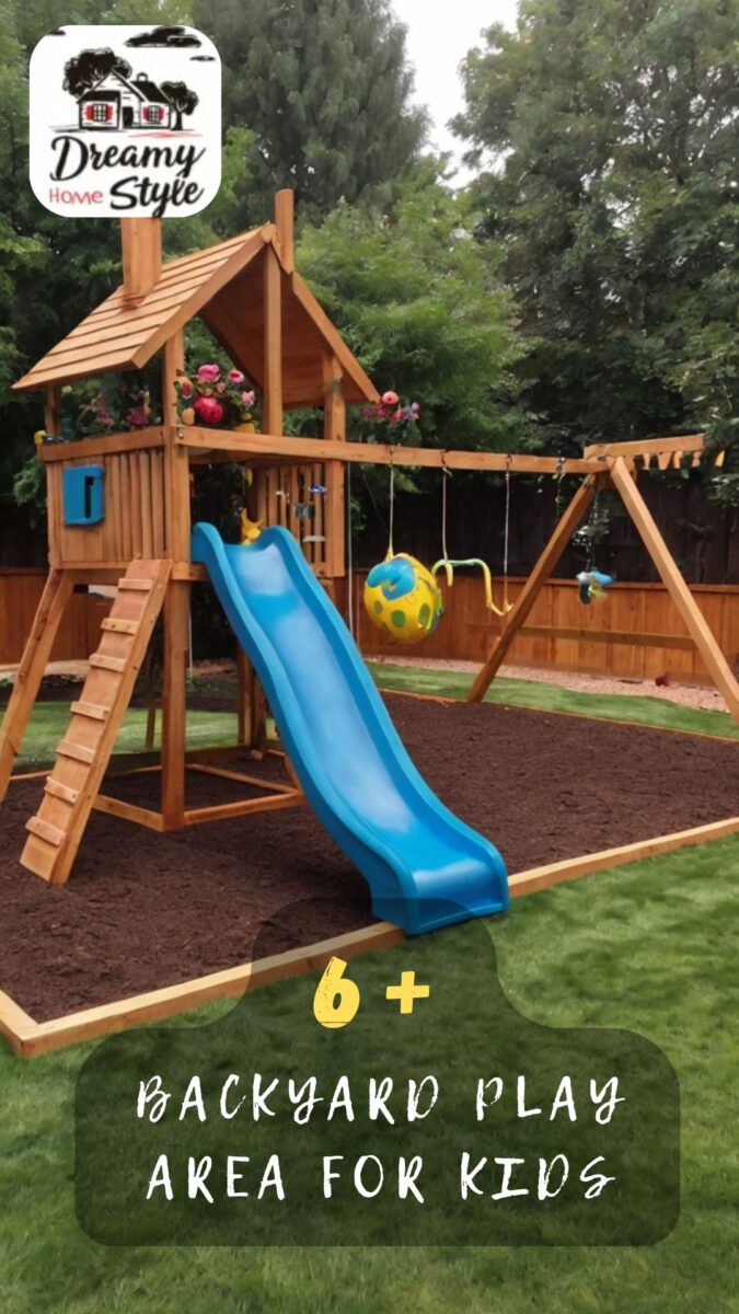 Wooden backyard playset with blue slide, swings, and climbing ladder on wood mulch safety ground cover