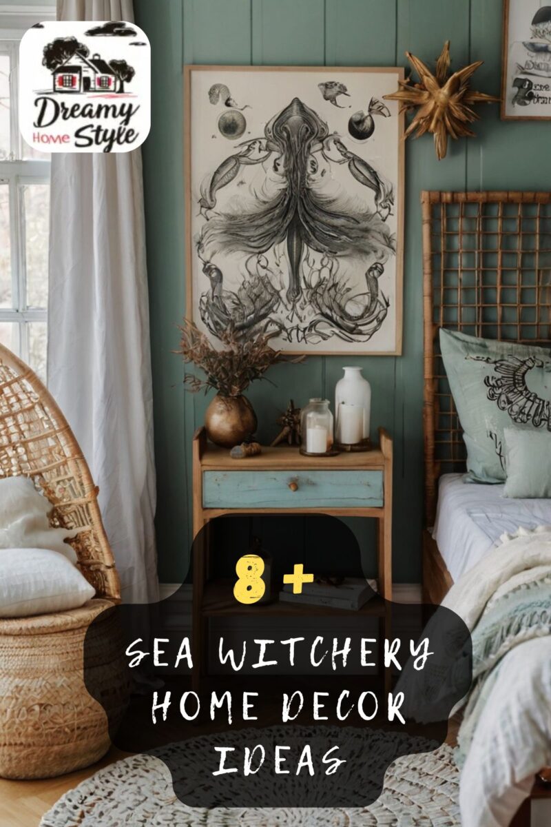 Sea witchery bedroom with teal shiplap walls, rattan chair, mystical octopus art, and coastal boho nightstand decor