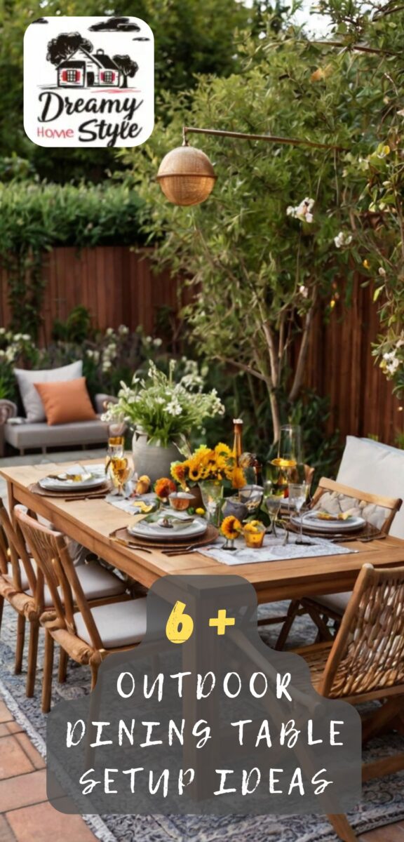Elegant outdoor dining table set with sunflowers, glassware, and wooden chairs in a lush garden patio