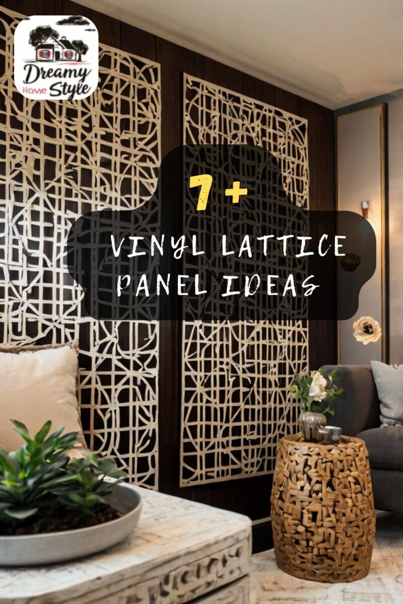 Decorative vinyl lattice panels with geometric patterns mounted on dark wood wall in modern living room