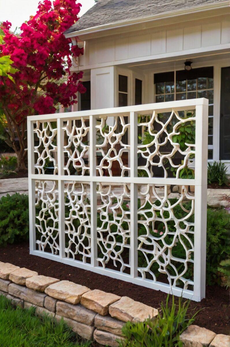 White decorative lattice privacy screen with ornate Moroccan-style cutout pattern in front of a house garden