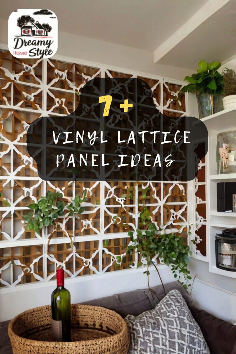 White vinyl lattice panels on interior wall with trailing green plants, built-in shelves, sofa, and wicker tray with wine bottle