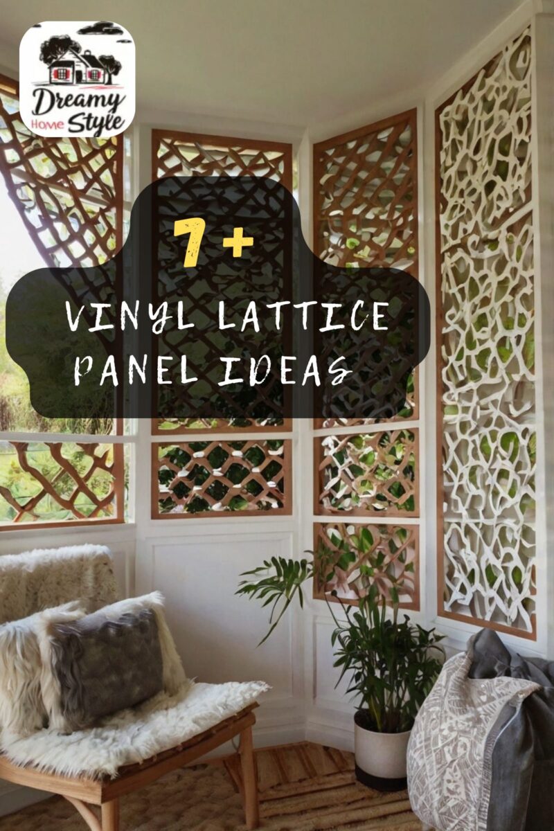 Cozy sunroom with brown diamond lattice window panels and white organic-pattern vinyl lattice wall panels