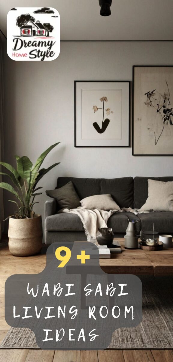 Wabi sabi living room with dark gray sofa, botanical wall art, large plant in woven basket, and wooden coffee table