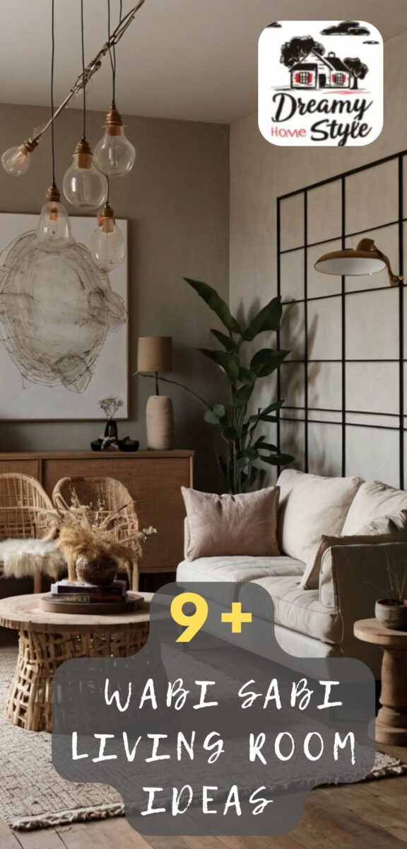 Wabi-sabi living room with rattan chair, cream sofa, wooden coffee table, globe pendant lights, and indoor plant