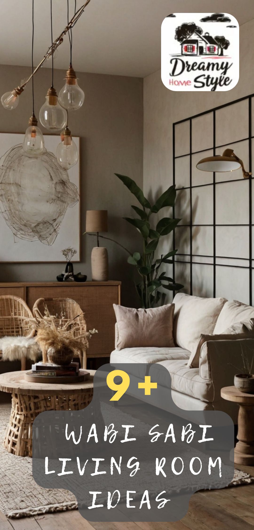 Wabi-sabi living room with rattan chair, cream sofa, wooden coffee table, globe pendant lights, and indoor plant