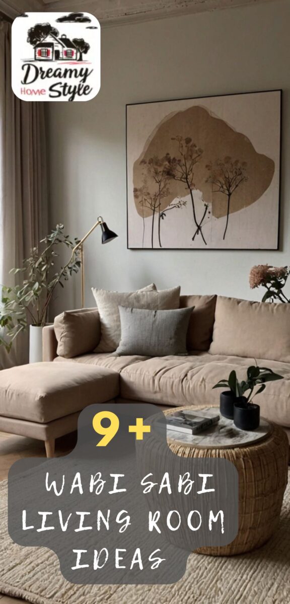Wabi Sabi living room with beige sectional sofa, botanical wall art, rattan coffee table, and natural earthy tones