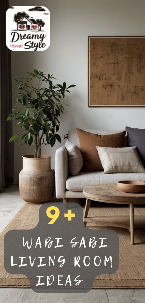 Wabi sabi living room with gray sofa, rustic wooden coffee table, large potted plant, and neutral earth tones
