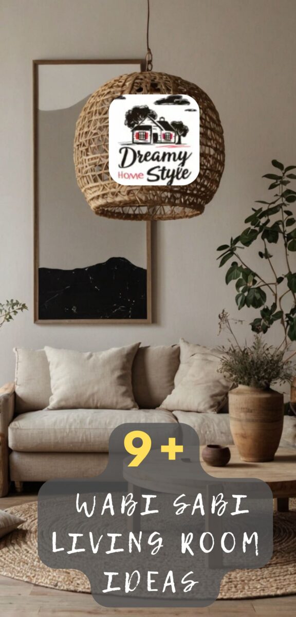 Wabi Sabi living room with rattan pendant light, linen sofa, wooden coffee table, ceramic vases, and indoor plants