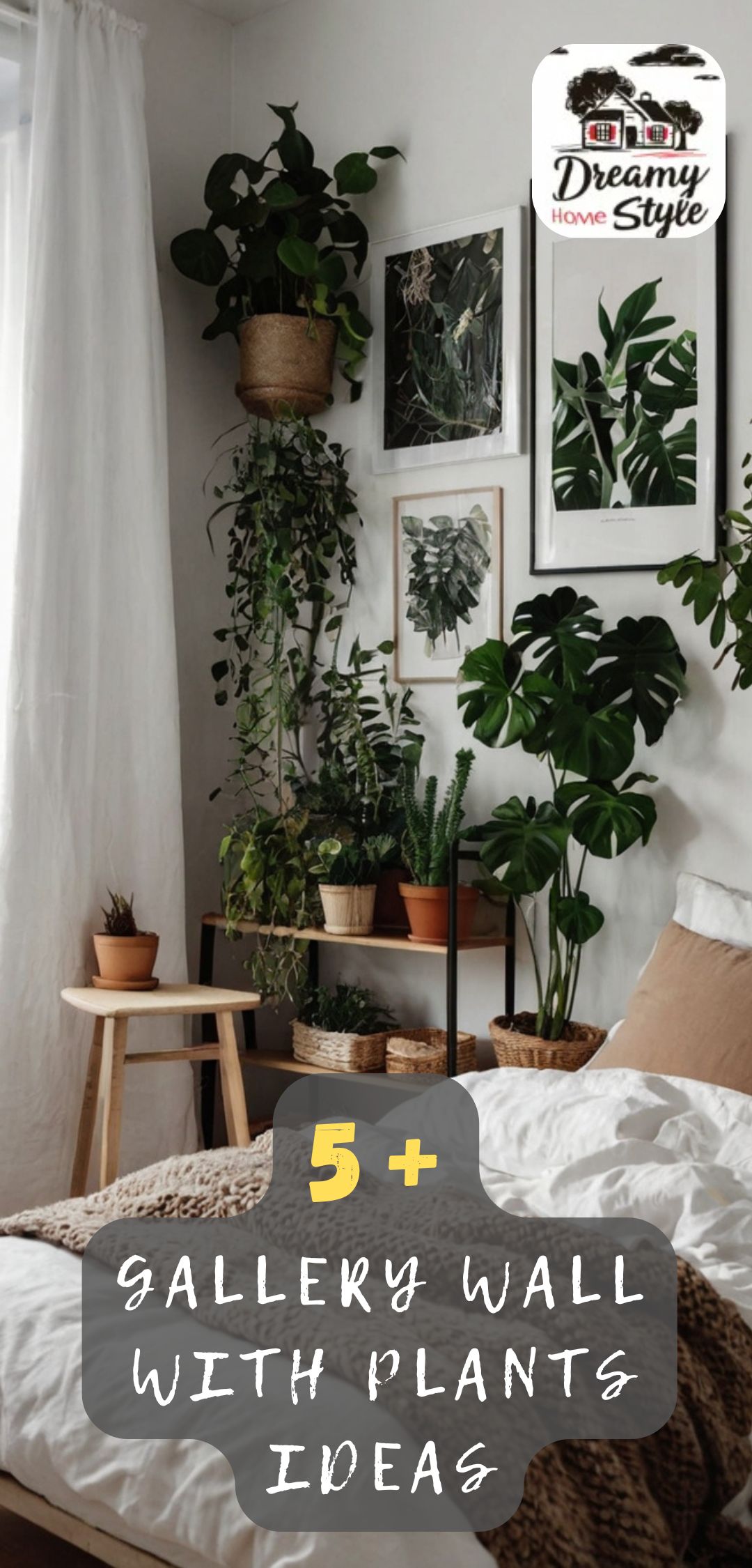 Bedroom gallery wall with botanical prints and real houseplants including monstera and trailing pothos on shelves