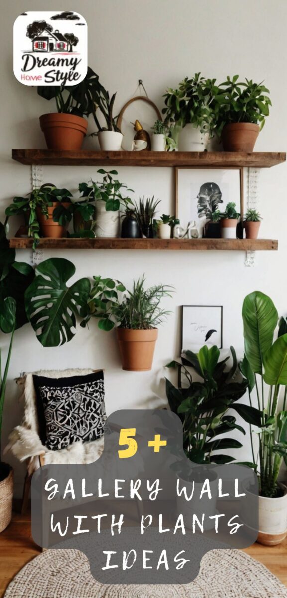 Indoor gallery wall with wooden floating shelves displaying potted plants, monstera leaves, and decorative art prints
