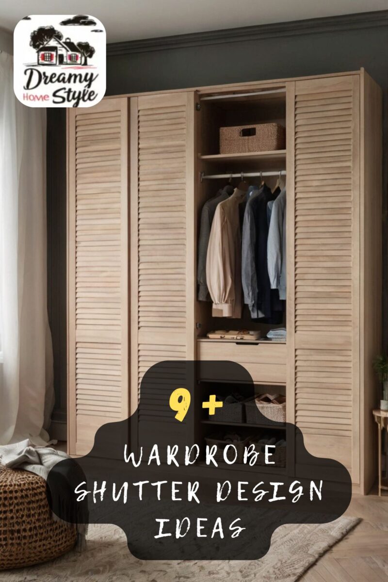 Light wood wardrobe with louvered shutter doors, center section open showing hanging clothes and wicker storage basket