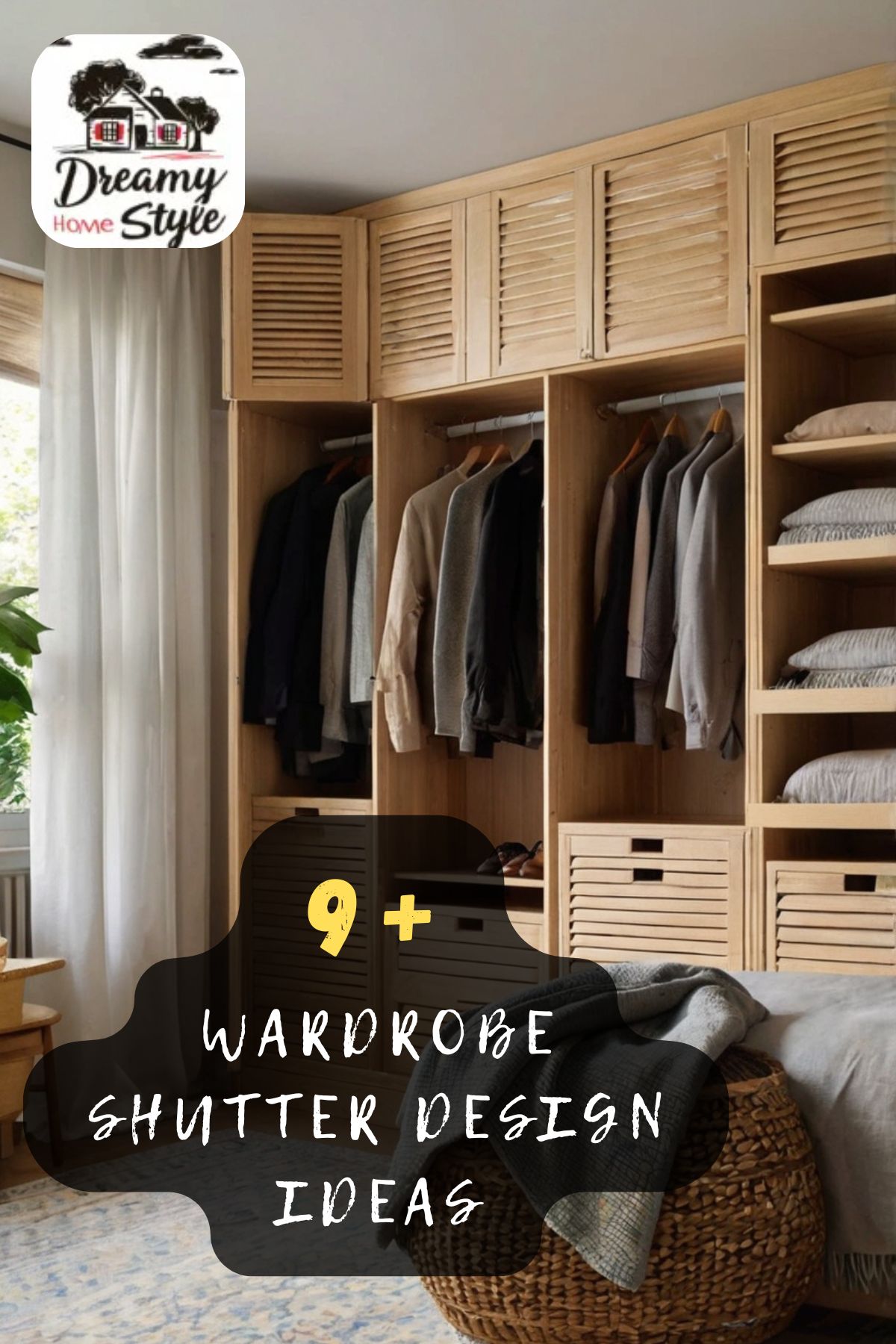Light wood wardrobe with louvered shutter doors, open hanging sections with clothes, and shelving in a bedroom