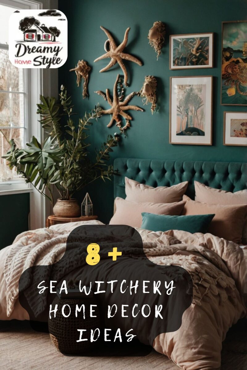 Sea witchery bedroom with teal tufted headboard, starfish wall decor, pink bedding, and ocean-inspired gallery wall