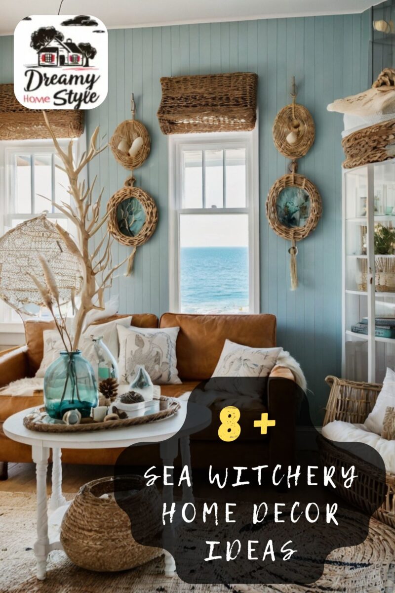 Coastal boho living room with teal shiplap walls, wicker wall decor, leather sofa, ocean view window, and natural driftwood accents