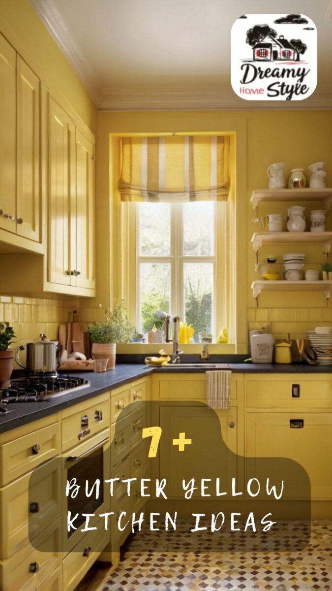 Bright butter yellow kitchen with matching cabinets, black countertops, open shelves, and striped Roman shade window