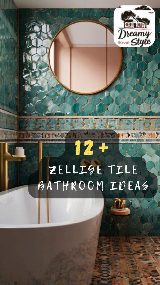 Luxurious bathroom with teal hexagonal zellige tiles, round gold mirror, white freestanding bathtub, and brass fixtures