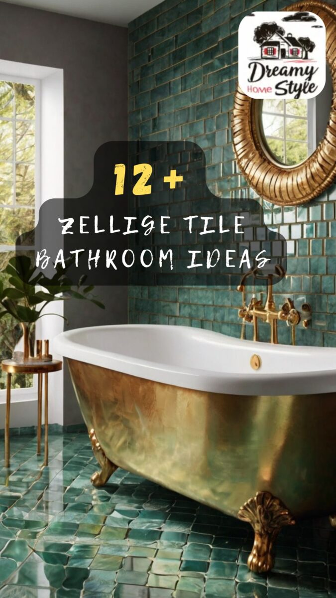 Luxury bathroom with teal green zellige tiles on walls and floor, gold brass clawfoot bathtub and ornate round mirror