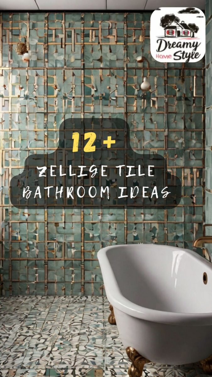 Luxury bathroom with teal zellige tile wall, white clawfoot bathtub, gold fixtures, and patterned floor tiles