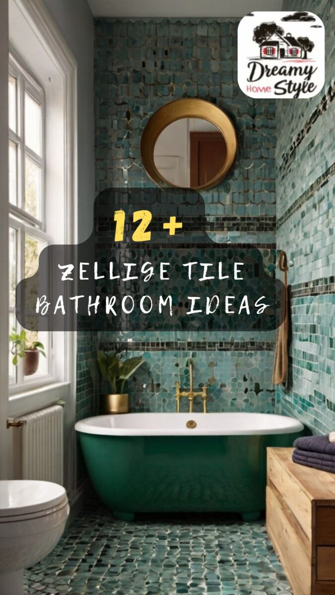 Teal zellige tile bathroom with dark green freestanding bathtub, brass fixtures, and round gold mirror