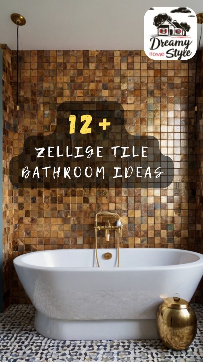 Freestanding white bathtub against a warm brown zellige tile wall with brass fixtures and mosaic floor