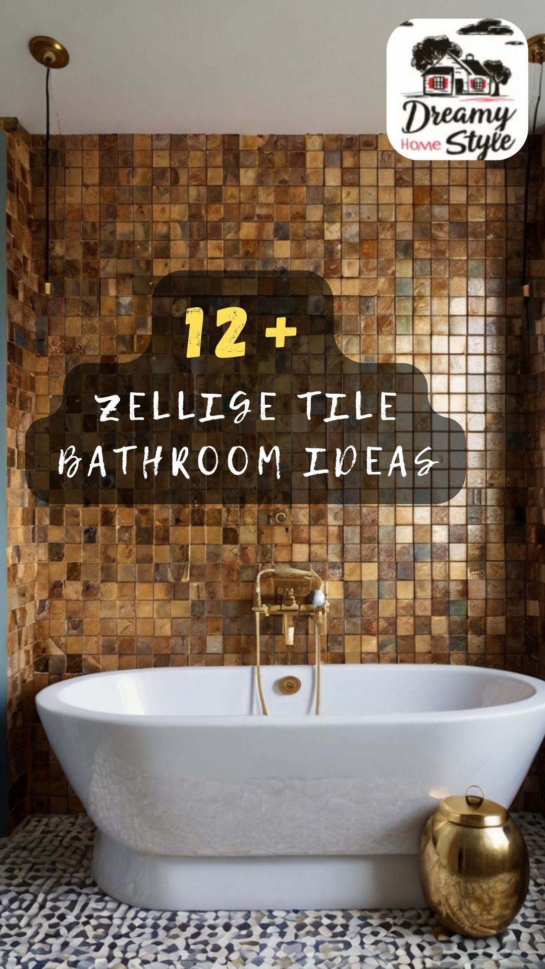 Freestanding white bathtub against a warm brown zellige tile wall with brass fixtures and mosaic floor