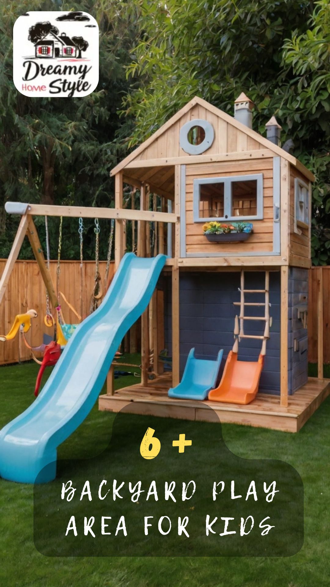 Wooden backyard playhouse with blue slide, swings, ladder, and two-story clubhouse on green lawn
