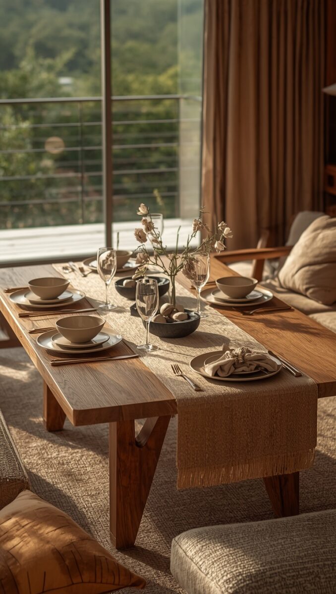Minimalist wooden dining table set with ceramic bowls, wine glasses, and floral centerpiece in warm natural light