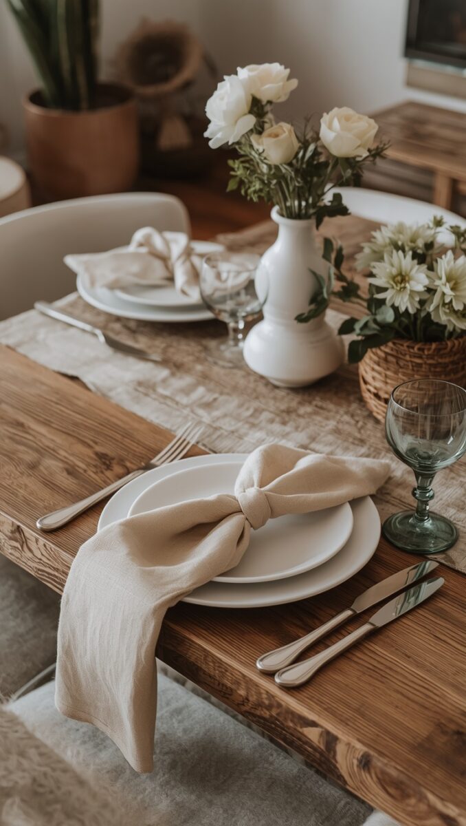 Elegant rustic dining table set with white plates, linen bow napkin, green wine glass, and white flower centerpiece