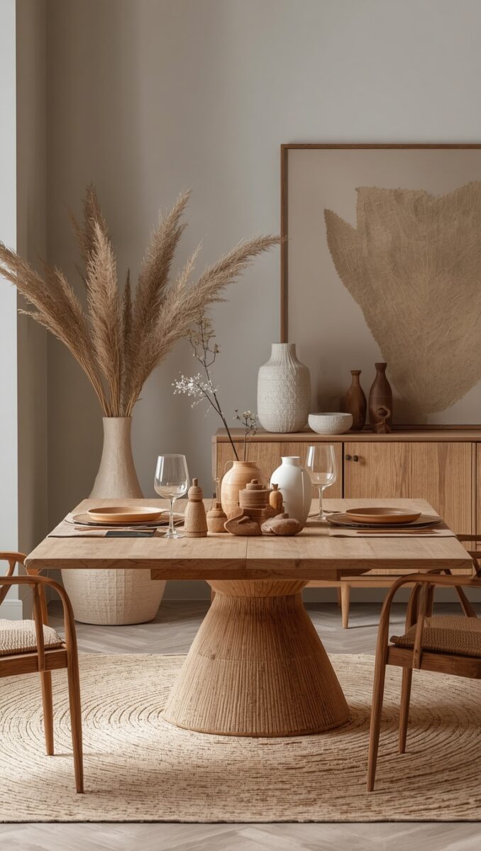Boho-modern dining room with wooden pedestal table, pampas grass, ceramic vases, and warm neutral tones