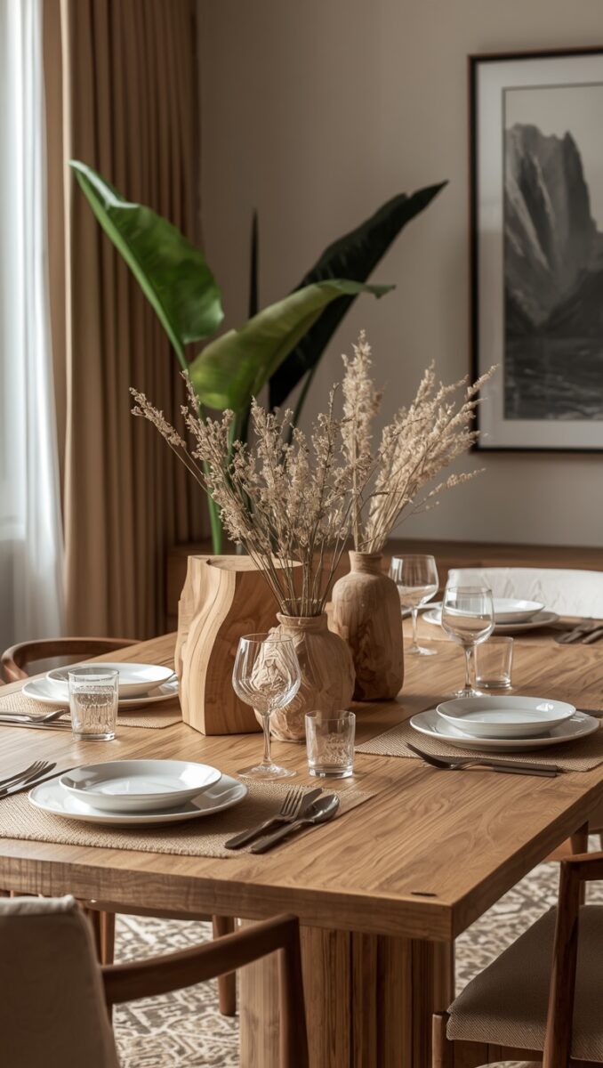 Wooden dining table set with white plates, wine glasses, and dried pampas grass centerpiece in natural wood vases