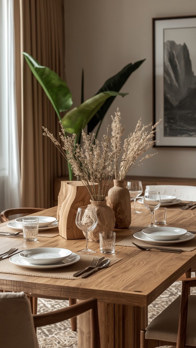 Wooden dining table set with white plates, wine glasses, and dried pampas grass centerpiece in natural wood vases