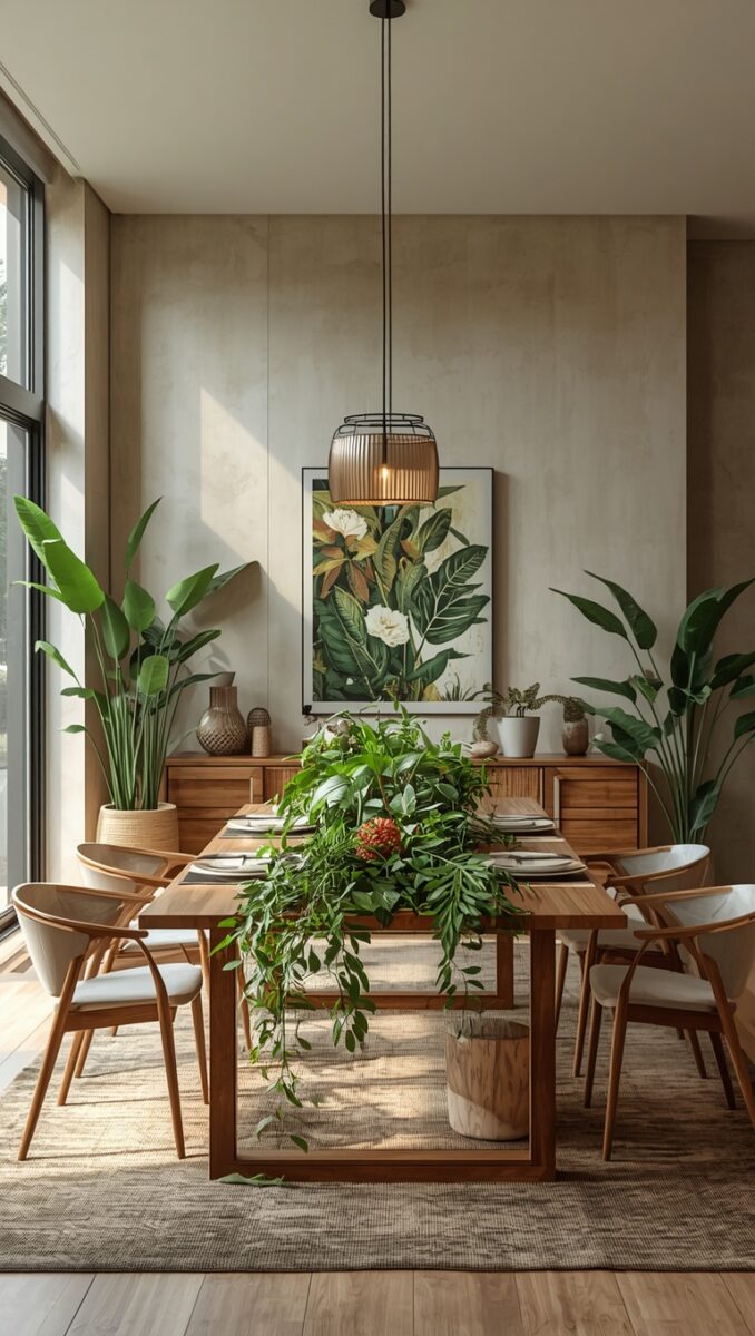 Biophilic dining room with wooden table, plant centerpiece, tropical wall art, and pendant light
