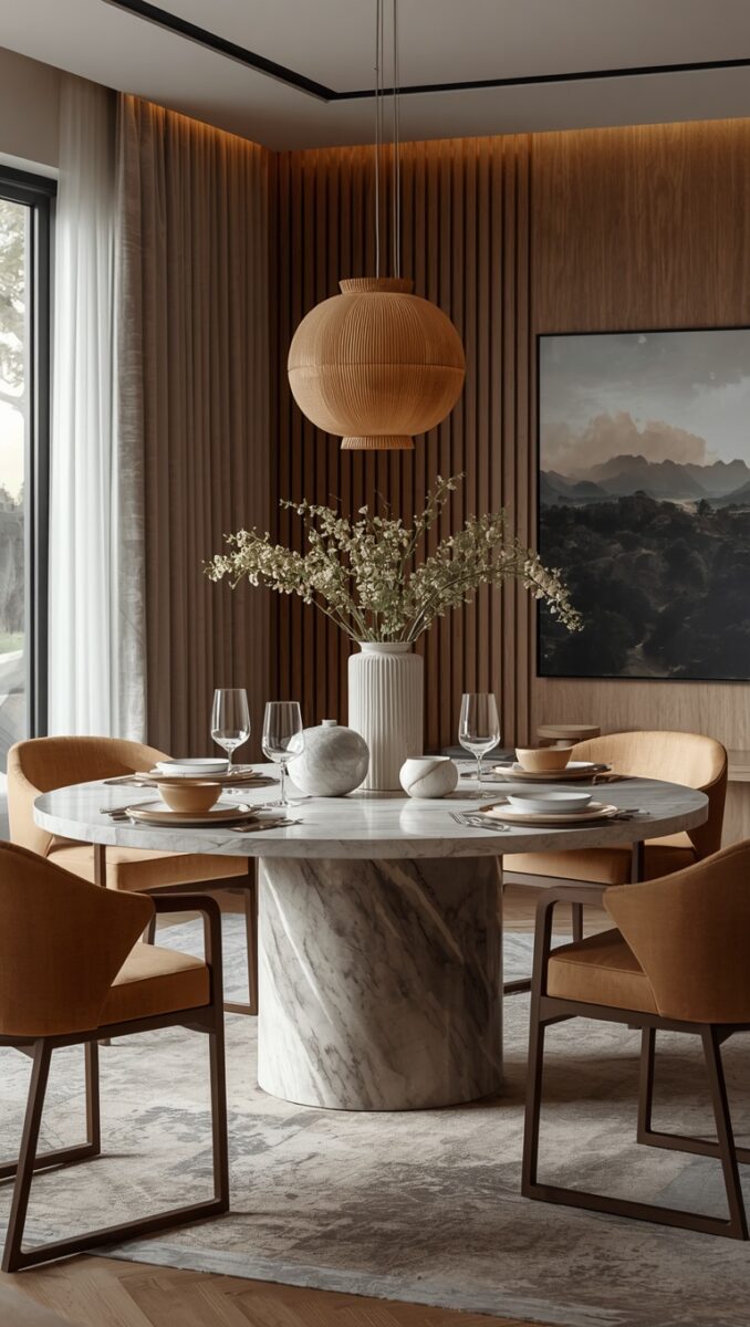 Modern dining room with round marble table, cognac leather chairs, woven pendant light, and wood slat accent wall