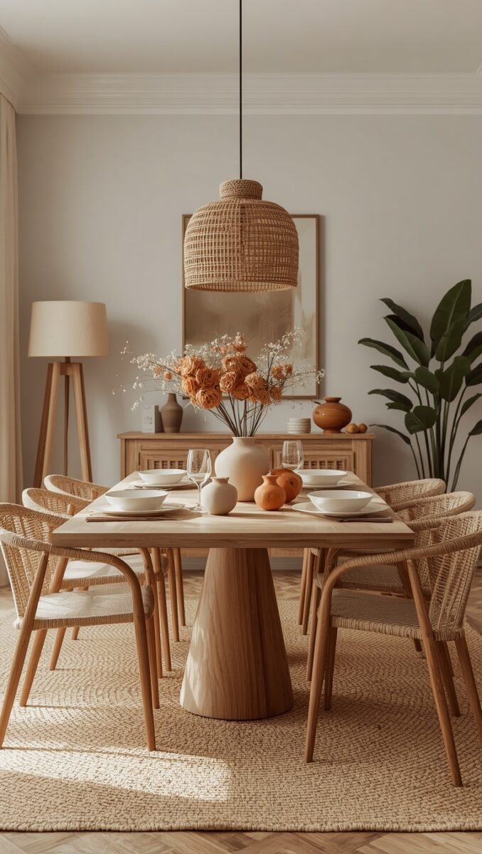 Warm Scandinavian dining room with wooden table, rattan chairs, wicker pendant light, and orange floral centerpiece