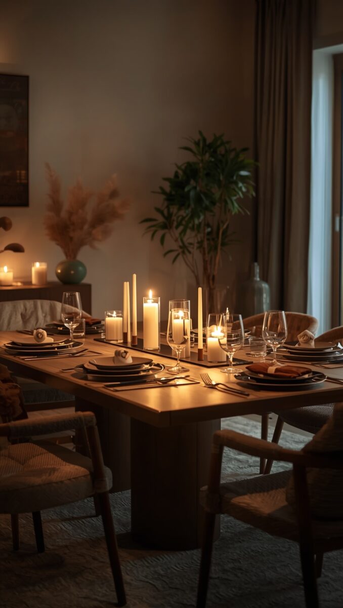 Elegant candlelit dining table set for six with pillar candles, wine glasses, dark plates, and linen napkins in a warm, moody interior