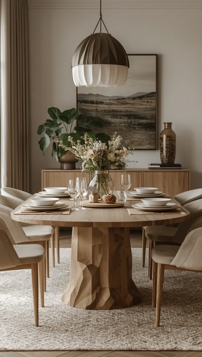 Modern dining room with round wooden table, beige upholstered chairs, floral centerpiece, and dome pendant light