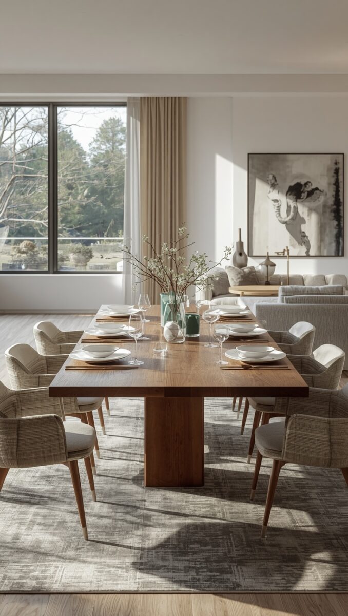 Modern dining room with walnut table, upholstered chairs, white place settings, and floral centerpiece by large windows