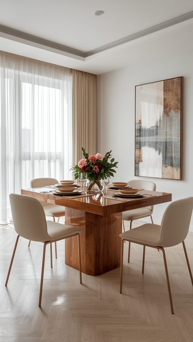 Modern dining room with walnut square table, cream upholstered chairs, pink flower centerpiece, and abstract wall art
