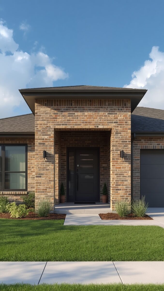 Modern single-story brick home exterior with dark front door, covered entryway, and manicured lawn