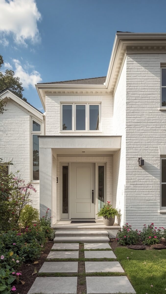 White painted brick two-story home with modern white front door, stone pathway, and manicured landscaping