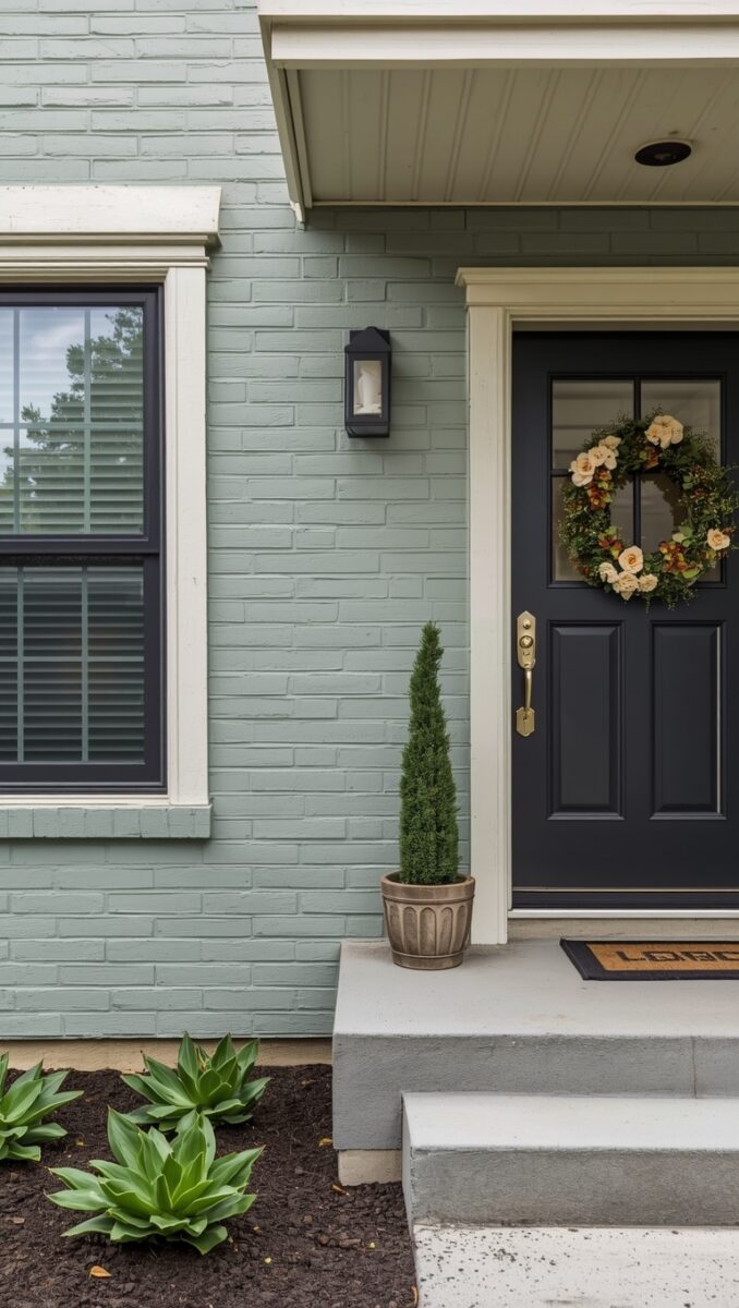 Sage green painted brick home exterior with black front door, floral wreath, gold hardware, and potted topiary