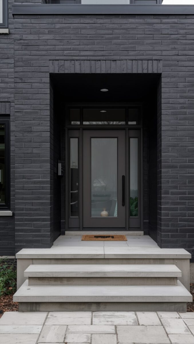 Modern dark gray brick home exterior with black glass front door, sidelights, transom window, and light gray concrete steps